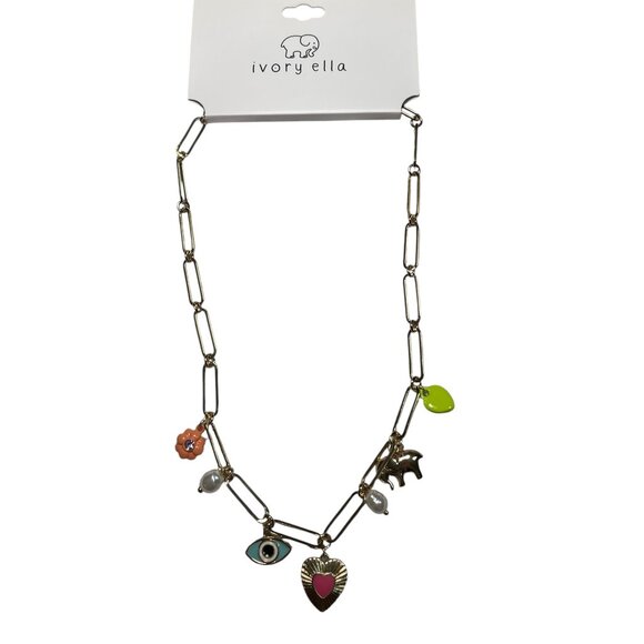 Ivory Ella Charm Necklace Gold Link with Hearts, Elephant, Evil Eye NWT - Picture 1 of 5